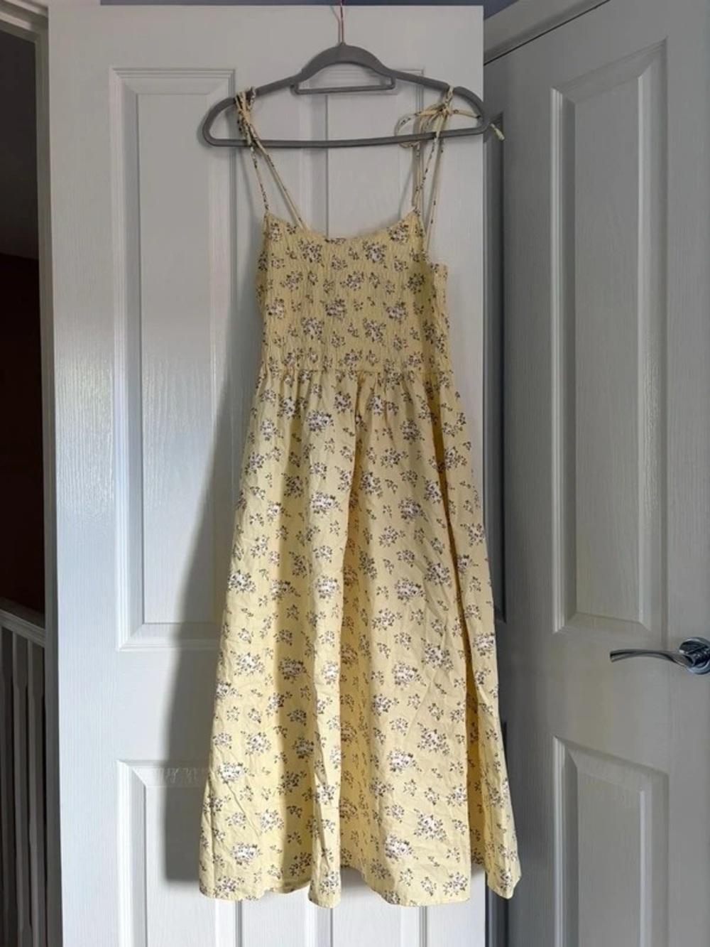 Yellow Floral Smocked Midi Dress with Tie Straps